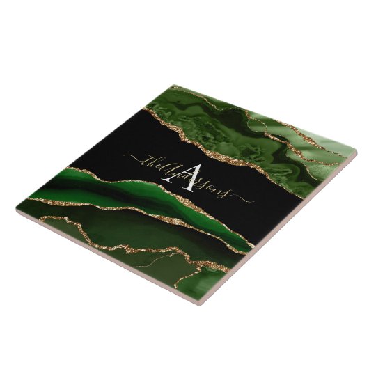 金ゴールドグリッターとグリーンアゲートモノグラム タイル (側面)