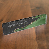 金ゴールドグリッターとグリーンアゲートモノグラム デスクネームプレート (側面)