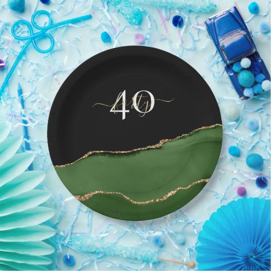 金ゴールドグリッターとグリーンアゲートモノグラム ペーパープレート (パーティー)