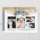 金ゴールドグリッターとダスティー結婚ブルーの写真カード 招待状 (正面/裏面)