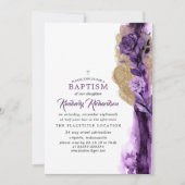 金ゴールドグリッターとダークパープルモダンフローラバプテスマ 招待状 (正面)