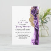 金ゴールドグリッターとダークパープルモダンフローラバプテスマ 招待状 (スタンド正面)