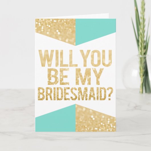 金ゴールドグリッターとティール(緑がかった色)は私の花嫁になる 招待状 (正面)