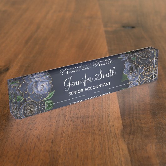 金ゴールドグリッターとネイビーブルーグラムバラ デスクネームプレート (側面)