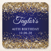 金ゴールドグリッターとネイビーブルー40歳の誕生日 スクエアペーパーコースター (正面)