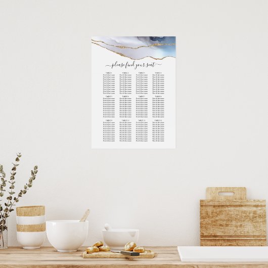 金ゴールドグリッターとネイビー結婚アゲートの座席表 ポスター (キッチン)