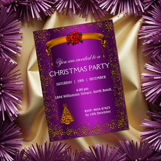金ゴールドグリッターとパープルクリスマス 招待状