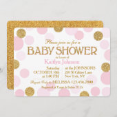 金ゴールドグリッターとピンクの散在ドット赤ちゃんシャワー 招待状 (正面/裏面)