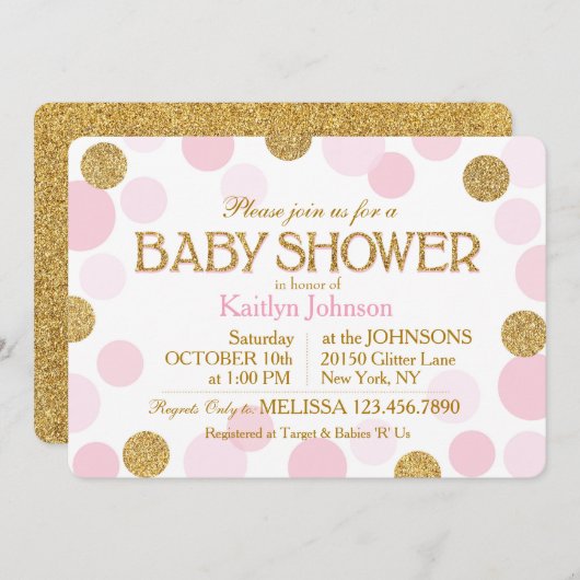 金ゴールドグリッターとピンクの散在ドット赤ちゃんシャワー 招待状 (正面/裏面)
