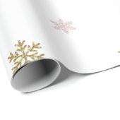 金ゴールドグリッターとピンクの雪片（白いクリスマス） ラッピングペーパー (ロールコーナー)