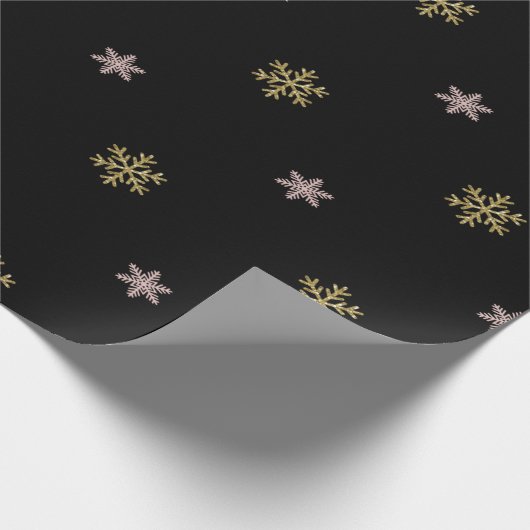 金ゴールドグリッターとピンクの雪片(黒いクリスマス) ラッピングペーパー (角)