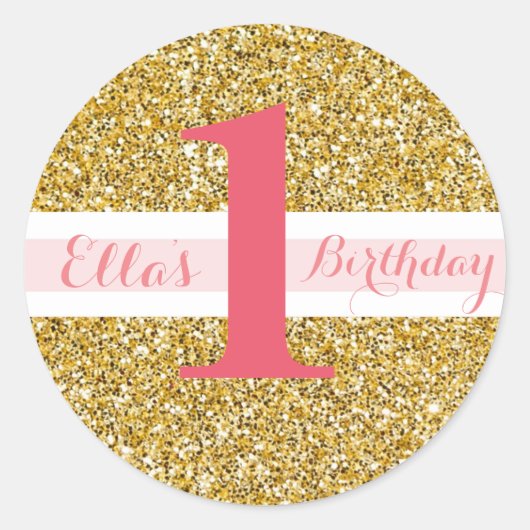金ゴールドグリッターとピンクファースト誕生日シール ラウンドシール (正面)