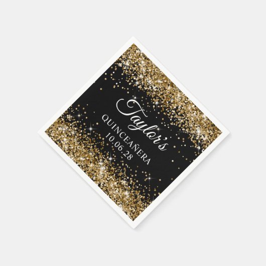 金ゴールドグリッターとブラッククインセーパーソナライズされたニェラ スタンダードカクテルナプキン (角)