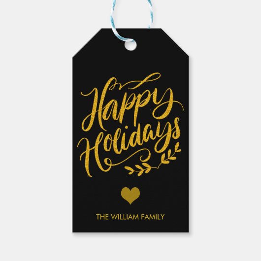 金ゴールドグリッターとブラックハッピーホリデーカスタムズ ギフトタグ (正面)