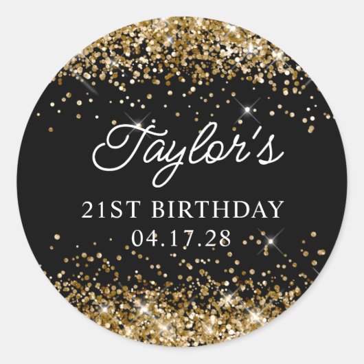 金ゴールドグリッターとブラック21歳の誕生日 ラウンドシール (正面)
