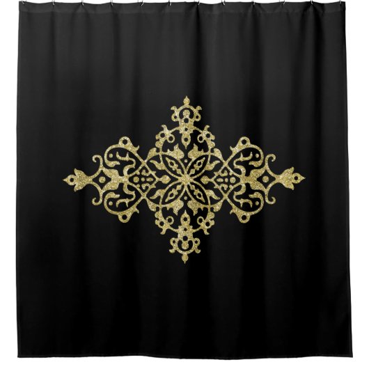 金ゴールドグリッターとブラック シャワーカーテン (正面)