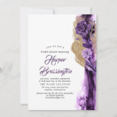 金ゴールドグリッターとプラムパープルフローラブライダルシャワー 招待状 (正面)