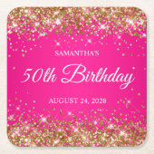 金ゴールドグリッターとホットピンク50誕生日 スクエアペーパーコースター (正面)