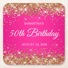 金ゴールドグリッターとホットピンク50誕生日 スクエアペーパーコースター
