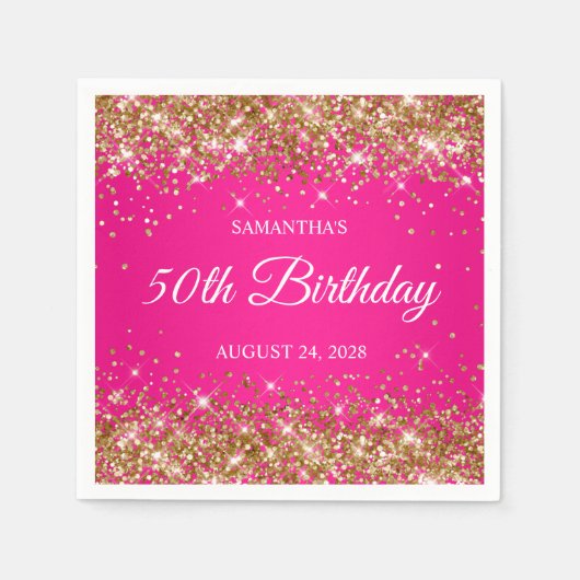 金ゴールドグリッターとホットピンク50誕生日 スタンダードカクテルナプキン (正面)