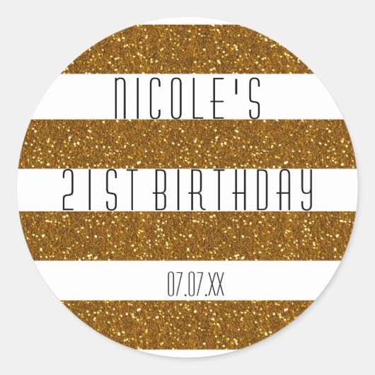 金ゴールドグリッターとホワイトパストライプのーティーの好意ステッカー ラウンドシール (正面)