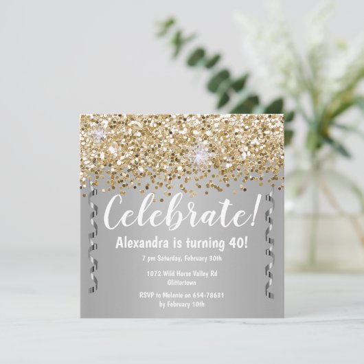 金ゴールドグリッターとメタリックシルバー40歳の誕生日 招待状 (スタンド正面)