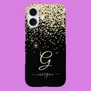 金ゴールドグリッターとモノグラムホワイトスクリプト名オンブラック iPhone 16ケース