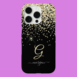 金ゴールドグリッターとモノグラムホワイトスクリプト名オンブラック iPhone 16 PROケース