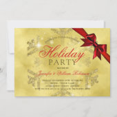 金ゴールドグリッターとリボン | クリスマスホリデイレッド 招待状 (正面)