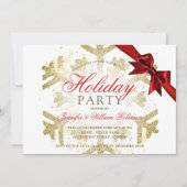 金ゴールドグリッターとリボン | クリスマスホリデーパーティー 招待状 (正面)