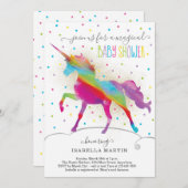 金ゴールドグリッターとレインボーユニコーンガールズベビーシャワー 招待状 (正面/裏面)