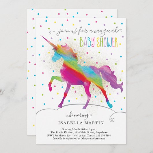 金ゴールドグリッターとレインボーユニコーンガールズベビーシャワー 招待状 (正面/裏面)