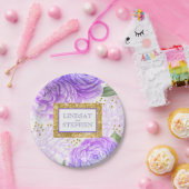 金ゴールドグリッターとヴィンテージブルーとパープルフローラ ペーパープレート (パーティー)