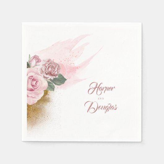 金ゴールドグリッターと埃っぽいバラ結婚フローラ スタンダードカクテルナプキン (正面)