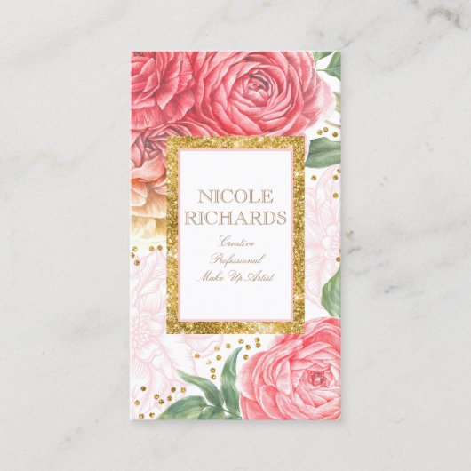金ゴールドグリッターと水彩ピンク色の花ヴィンテージ 名刺 (正面)
