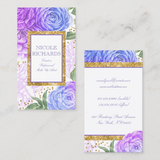 金ゴールドグリッターと水彩青と紫のフローラ 名刺 (正面/裏面)