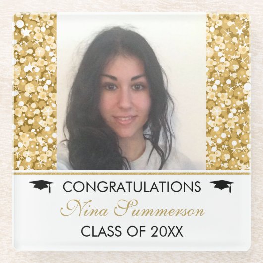 金ゴールドグリッターと白い火花 – 漸進法 ガラスコースター (正面)