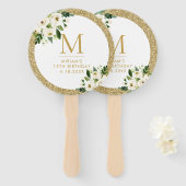 金ゴールドグリッターと白い花誕生日 ハンドファン (正面&裏面)