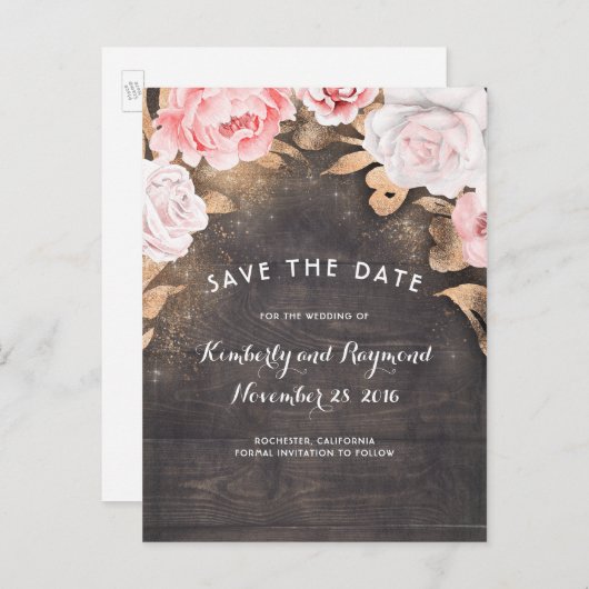 金ゴールドグリッターと素朴フローラ木材の日付の保存 案内ポストカード (正面/裏面)