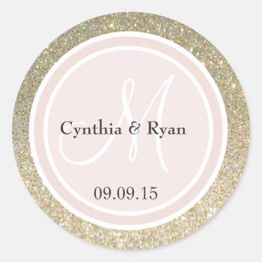 金ゴールドグリッターと赤面ピンク結婚ズモノグラム ラウンドシール (正面)