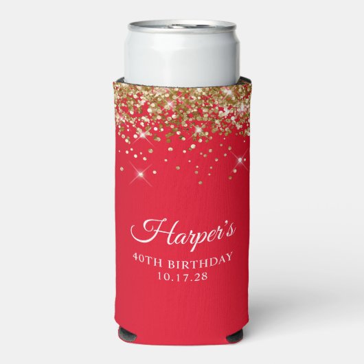 金ゴールドグリッターと赤40歳の誕生日 スリム缶クーラー (Seltzer正面)