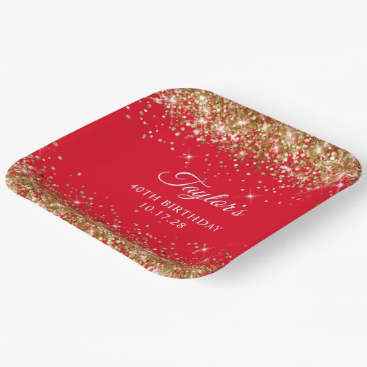 金ゴールドグリッターと赤40歳の誕生日 ペーパープレート (傾斜あり)