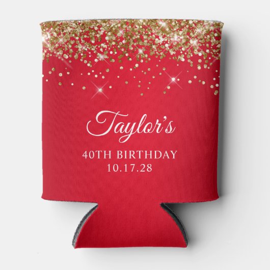 金ゴールドグリッターと赤40歳の誕生日 缶クーラー (正面)