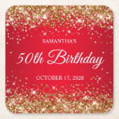 金ゴールドグリッターと赤50誕生日 スクエアペーパーコースター (正面)