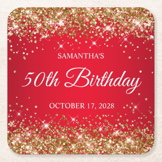 金ゴールドグリッターと赤50誕生日 スクエアペーパーコースター (正面)