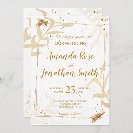 金ゴールドグリッターと離れ白い背中と白い上の 招待状 (正面/裏面)