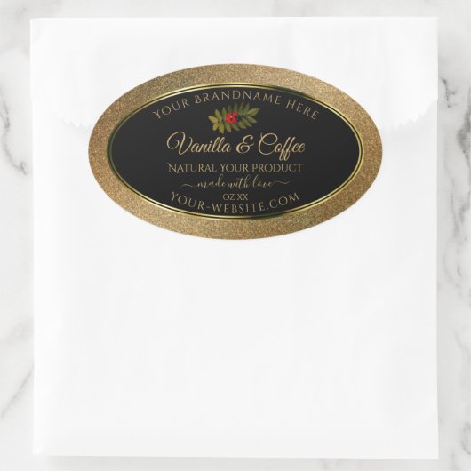 金ゴールドグリッターと黒の製品ラベルかわいいラディバグ 楕円形シール (バッグ)