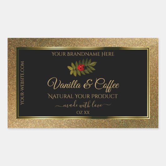 金ゴールドグリッターと黒の製品ラベルかわいいラディバグ 長方形シール (正面)
