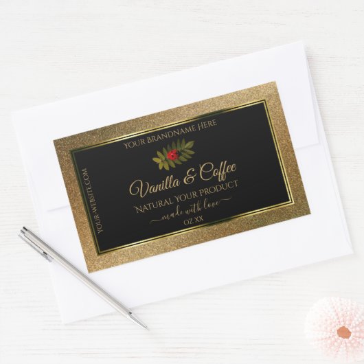 金ゴールドグリッターと黒の製品ラベルかわいいラディバグ 長方形シール (封筒)