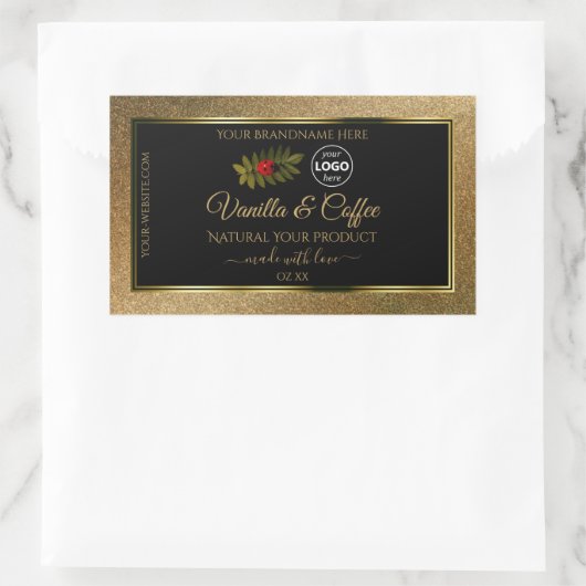 金ゴールドグリッターと黒の製品ラベルLadybugロゴ 長方形シール (バッグ)